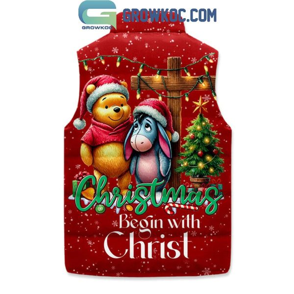 Winnie The Pooh Christmas Begins With Christ Sleeveless Puffer Jacket