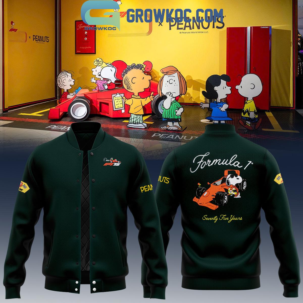 F1 x Snoopy Peanuts 75 Years Green Baseball Jacket F1 x Snoopy Peanuts 75 Years Green Baseball Jacket