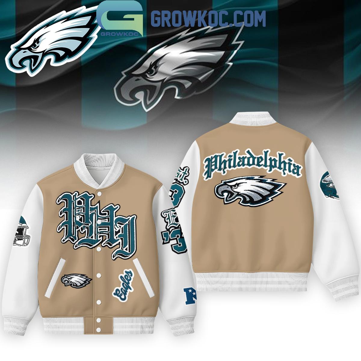 Philadelphia Eagles Vintage Cream Old English Baseball Jacket Philadelphia Eagles Vintage Cream Old English Baseball Jacket