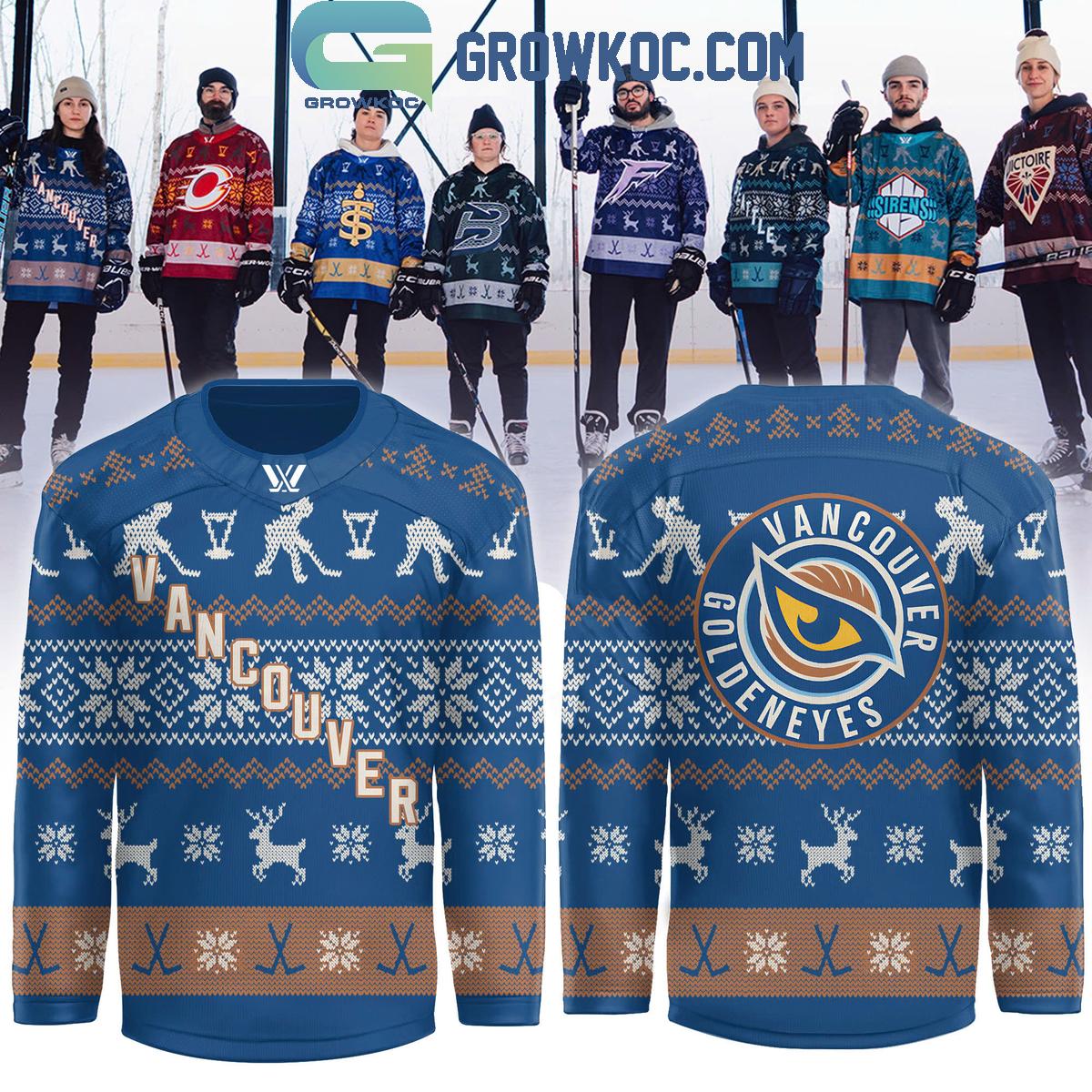 PWHL Vancouver Goldeneyes Holiday Sweater Hockey Jersey PWHL Vancouver Goldeneyes Holiday Sweater Hockey Jersey