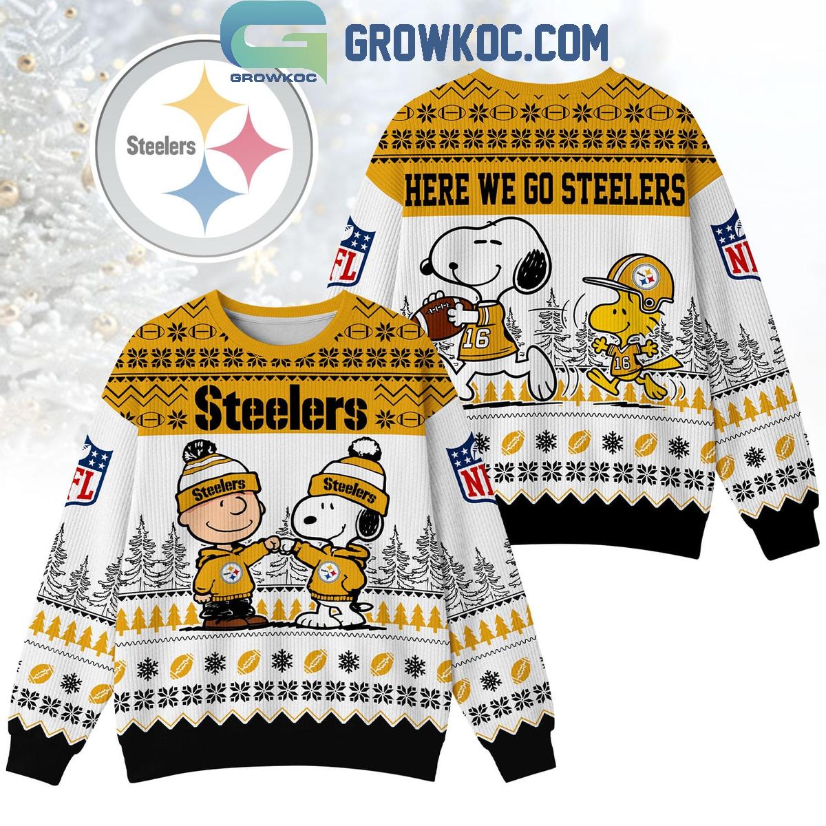 Pittsburgh Steelers Snoopy Peanuts Here We Go Steelers Ugly Sweater Pittsburgh Steelers Snoopy Peanuts Here We Go Steelers Ugly Sweater