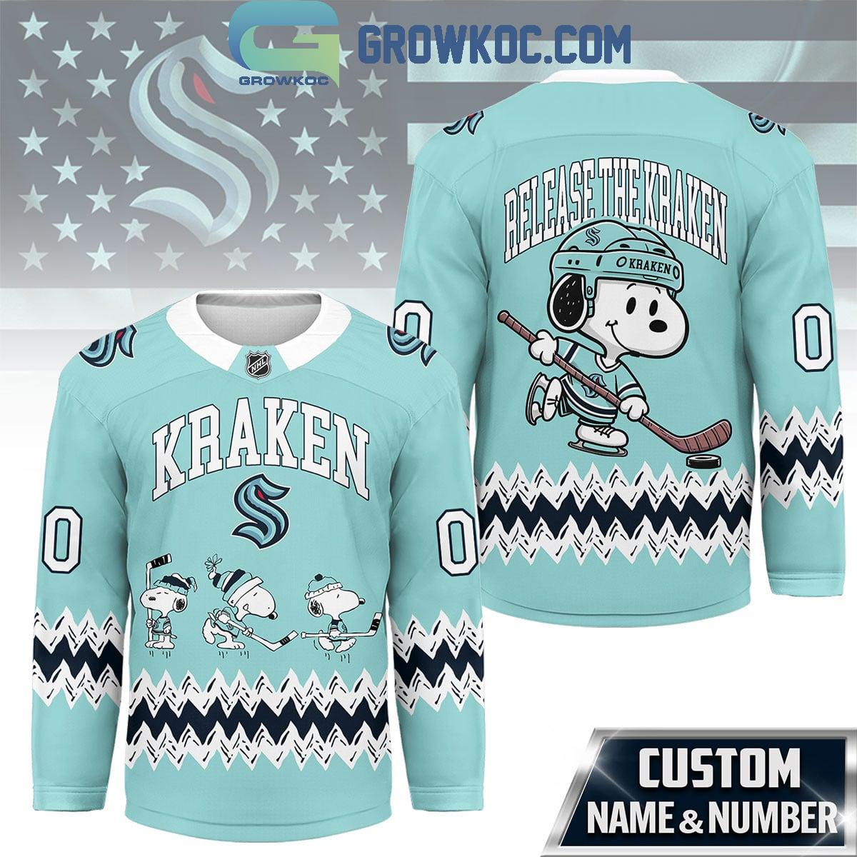 Seattle Kraken Snoopy Peanuts Release The Kraken Hockey Jersey Seattle Kraken Snoopy Peanuts Release The Kraken Hockey Jersey